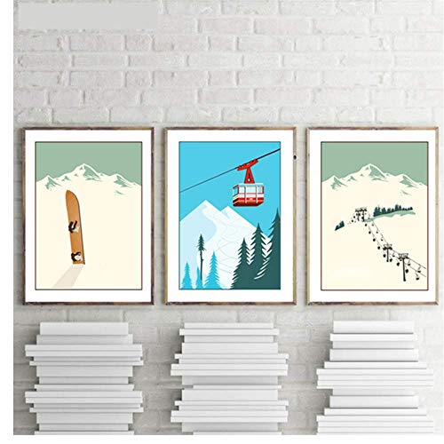 YaShengZhuangShi Leinwand Malerei Vintage Wintersport Dekoration Poster Ski Kunstdruck Poster Wandbilder Skifahren Bild Retro Home 3X50x70 cm Kein Rahmen