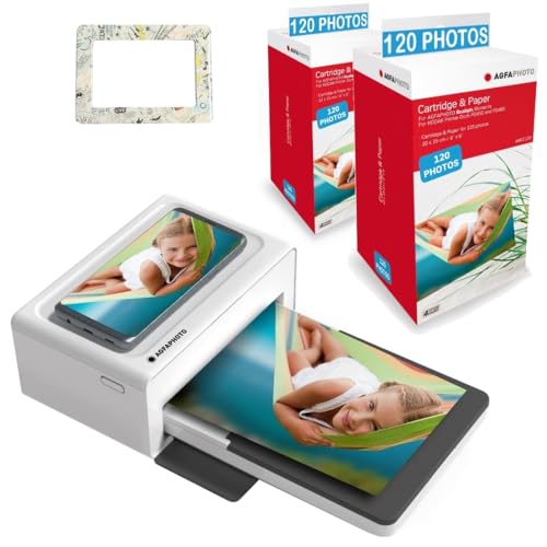 AGFA Photo Realipix Moments Printer Pack + Patronen und Papier 240 Fotos + Hübscher Magnetrahmen - Bluetooth-Drucker Foto 10x15 cm, iOS und Android, 4Pass Thermosublimation - Weiß