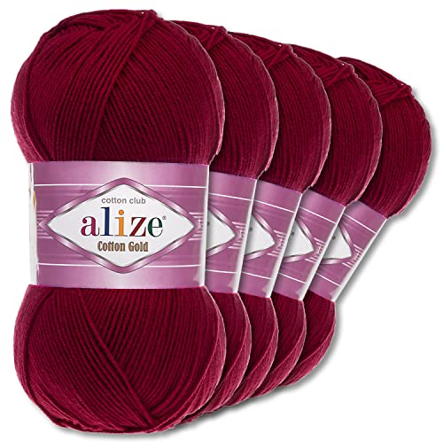 Alize 5 x 100 g Cotton Gold Premium Wolle| 39 Farben Sommerwolle Garn Stricken Amigurumi (57 | Bordeaux)