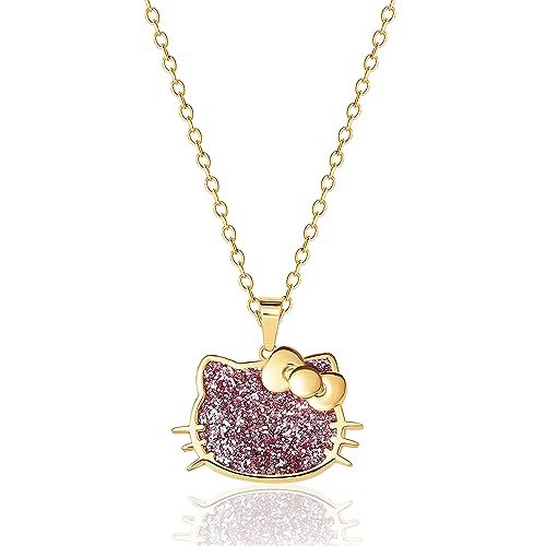 Hello Kitty Sanrio Womens Pink Glitter Necklace 18" - 18kt Gold Plated Sterling Silver Necklace Official License