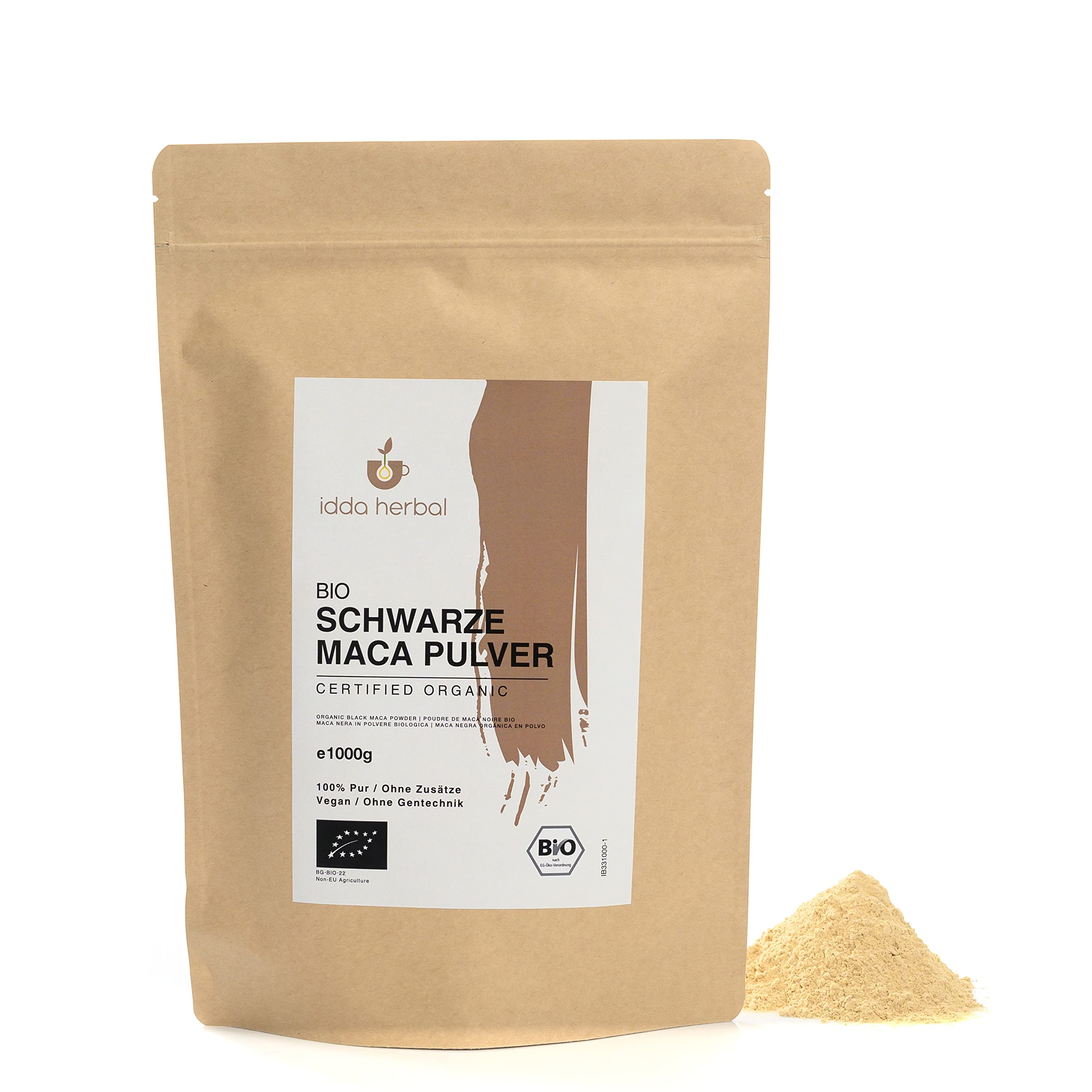 BIO Maca Pulver Schwarz aus Peru (1kg), Gemahlene Schwarze Maca Wurzel, Schwarzes Maca-Pulver aus biologischem Anbau, 100% Natürlich und rein, Vegan