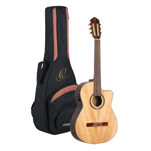 Ortega RCE158SN Konzertgitarre in 4/4 Größe Cutaway elektrifiziert schlanker 48mm Hals natur hochglanz Finish mit hochwertigem Gigbag und Gurt