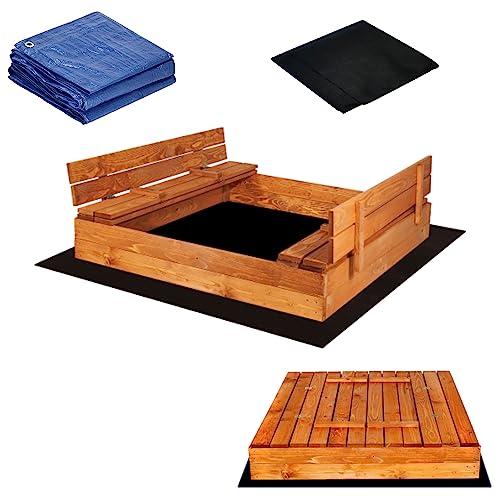 SPRINGOS Kinder-Sandkasten Holz-Sandkasten mit Sitzbänken 150 x 150 cm Extra Vlies Abdeckplane Imprägniertes Holz
