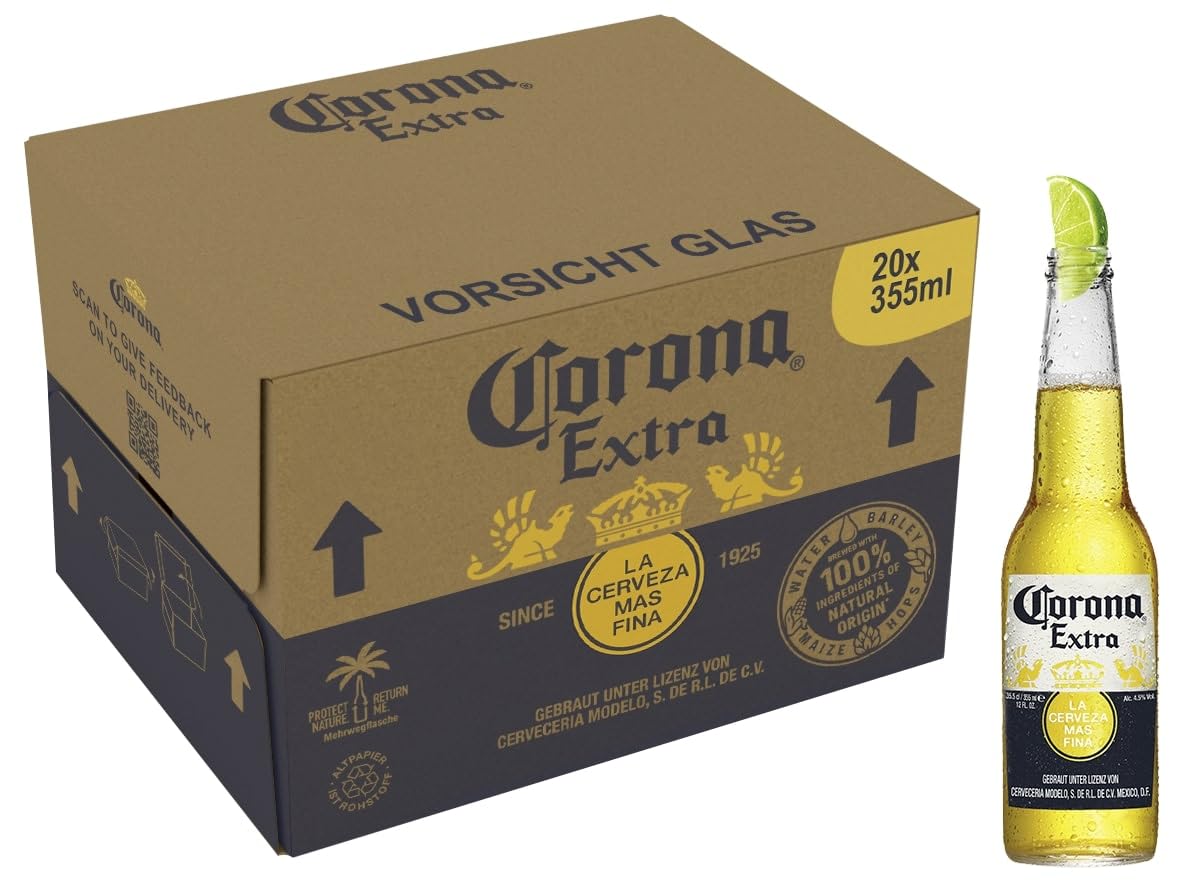 Corona Extra Premium Lager Flaschenbier, MEHRWEG im Karton, Internationales Lager Bier, 20er Karton (20 x 0.355 l)