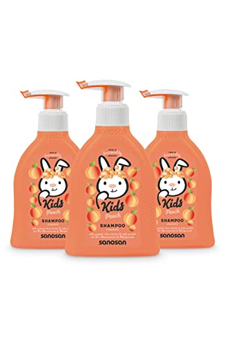 sanosan Shampoo Pfirsich für Kinder & Babys 3x 200 ml - Haarshampoo mit Bio Olivenextrakt & Milchprotein - Haarpflege, Haar Shampoo für Kind & Baby