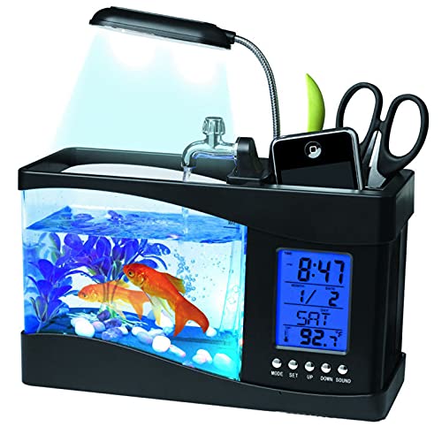 Mini-Fischtank, multifunktional, USB wiederaufladbar, elektronisches Aquarium mit Uhrfunktion, LED-Licht, Stifthalter für Büro, Zuhause