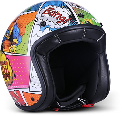 Rebel R9 Motorrad-Helm Roller-Helm, ECE Fiberglas SlimShell Tasche, XXL (63-64cm), Comic