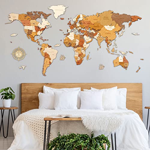 Holz Weltkarte Wanddekoration - Mehrschichtiges, mehrfarbiges gebeiztes Holz, Namen graviert - Einzigartiger 3D-Effekt - für Wohnzimmer, Büro & Schlafzimmer - L150 Reisende (150x75cm)