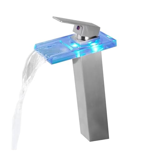 Intelligenter LED-Leuchtwasserfall-Wasserhahn, hoher quadratischer Waschbecken-Badezimmerschrank-Wasserhahn, heißer und kalter Farbwechsel-Mischhahn, Wasser und Strom (Color : Gun Gray)
