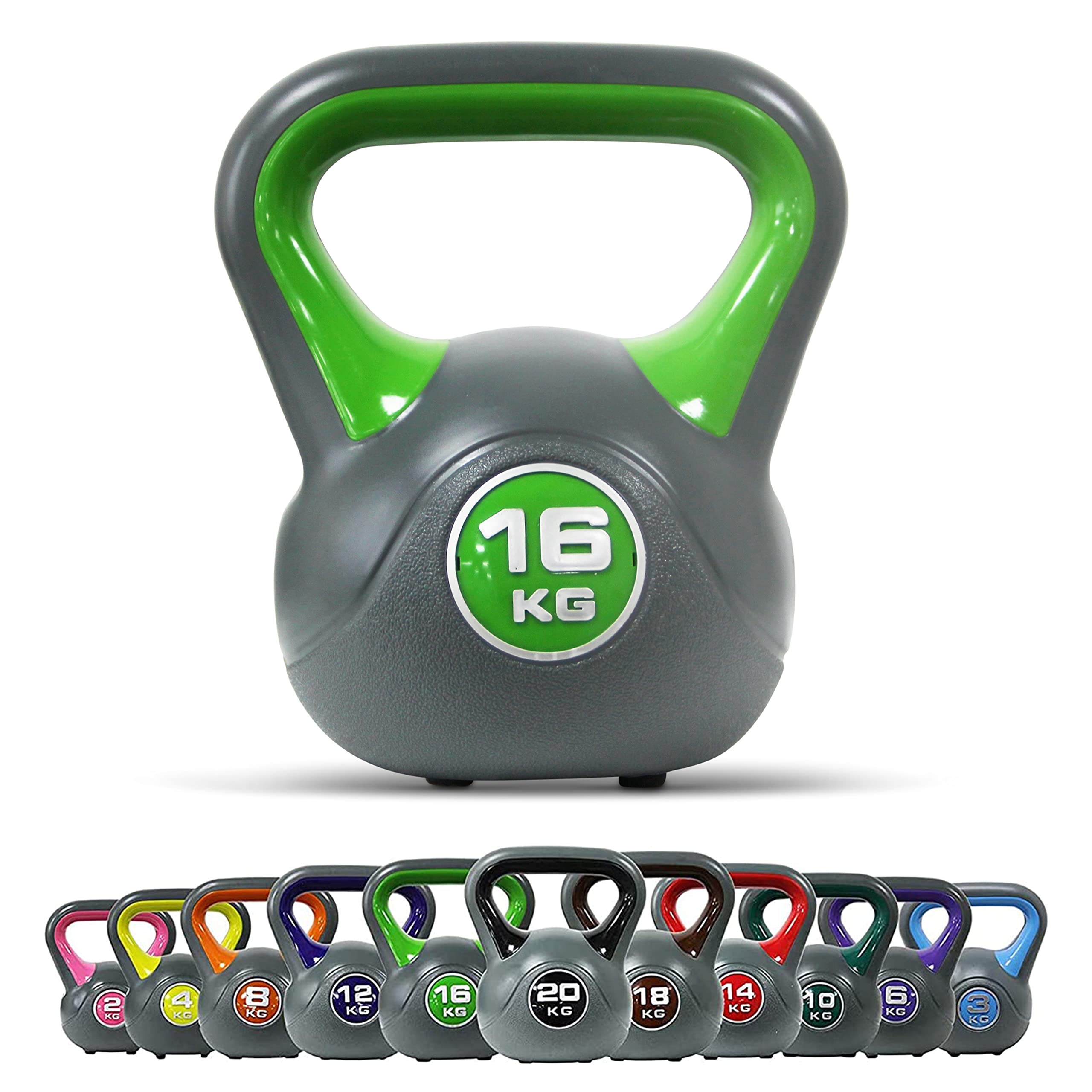 Kettlebell Kunststoff 2-20 kg inkl. Workout I Kugelhantel in versch. Farben und Gewichten I Bodenschonende Schwunghantel (16 kg - Hellgrün)
