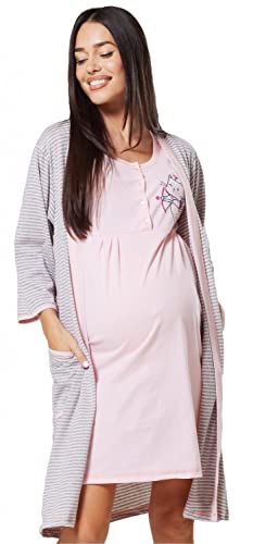 HAPPY MAMA Damen Robe Nachthemd Set Wehen & Geburt 1638 (Pulver Rosa, 44-46, 2XL)