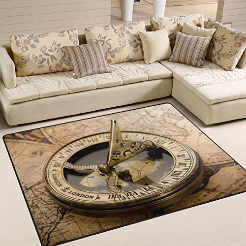 Use7 Teppich, Motiv Vintage Kompass auf Weltkarte, f¨¹r Wohnzimmer, Schlafzimmer, Textil, Mehrfarbig, 203cm x 147.3cm(7 x 5 feet)