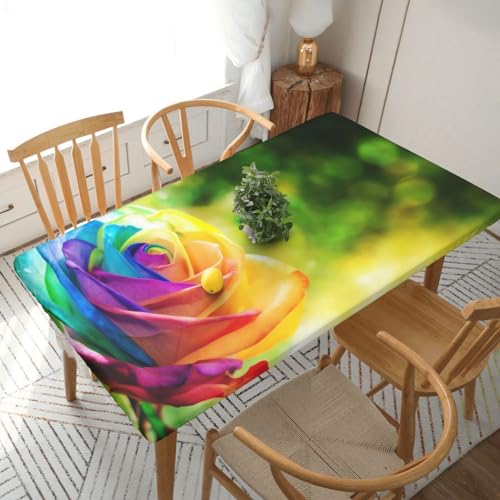 ROOZEE Rechteckige Tischdecke mit Regenbogenrosen, bedruckt, 152 cm, Polyester, wasserdicht, für Esszimmer, Küche, Picknick