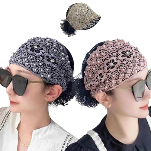 Damen Kopfband mit floralem Spitzenmuster, mit Perlen besetzt, florales Spitzen-Stirnband, hochelastisches Netz-Kopfband, Frühling, Sommer, elegantes Haar-Accessoire (Rosa + Blau)