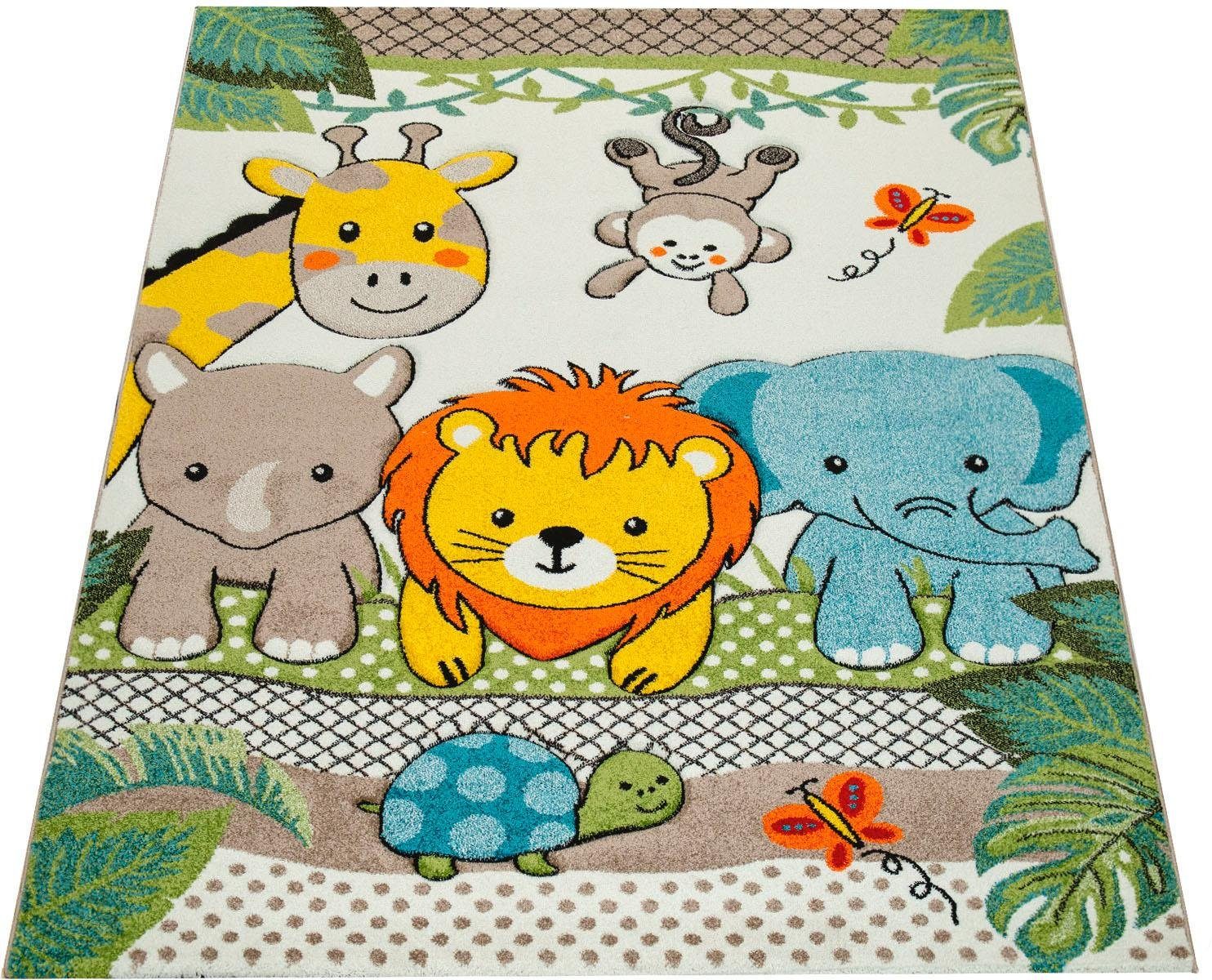 Paco Home Kinderzimmer Teppich Bunt Grün Fröhliche Tiere Zoo Dschungel Muster 3-D Design, Grösse:Ø 133 cm Quadrat