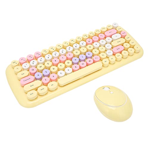 Kabellose Tastaturmaus, Kompakte 84Tasten Retro Süße Tastatur mit Runden Tastenkappen, 1600 DPI 2,4 G USB Ergonomische Tastatur Geschenk für Mädchen(bonbon-zitronengelb gemischte Farbe)