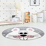 Kinderteppich Flachflor Bueno mit Hase Sternen in Grau Rosa mit Konturenschnitt für Kinderzimmer; Größe: 160 cm Rund