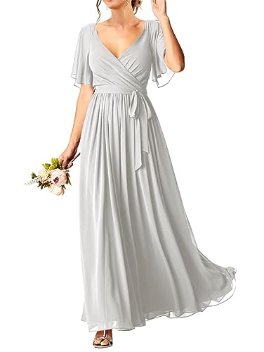 HPPEE Kurzärmeliges Hochzeitskleid für Damen, Junioren, Chiffon, lang, Maxi-V-Ausschnitt, Abendkleider mit Taschen, elfenbeinfarben, 48