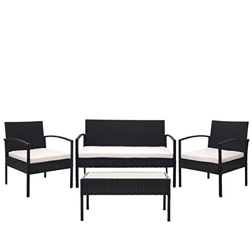 Mendler Poly-Rattan Garnitur HWC-F56, Balkon-/Garten-/Lounge-Set Sofa Sitzgruppe - schwarz, Kissen Creme
