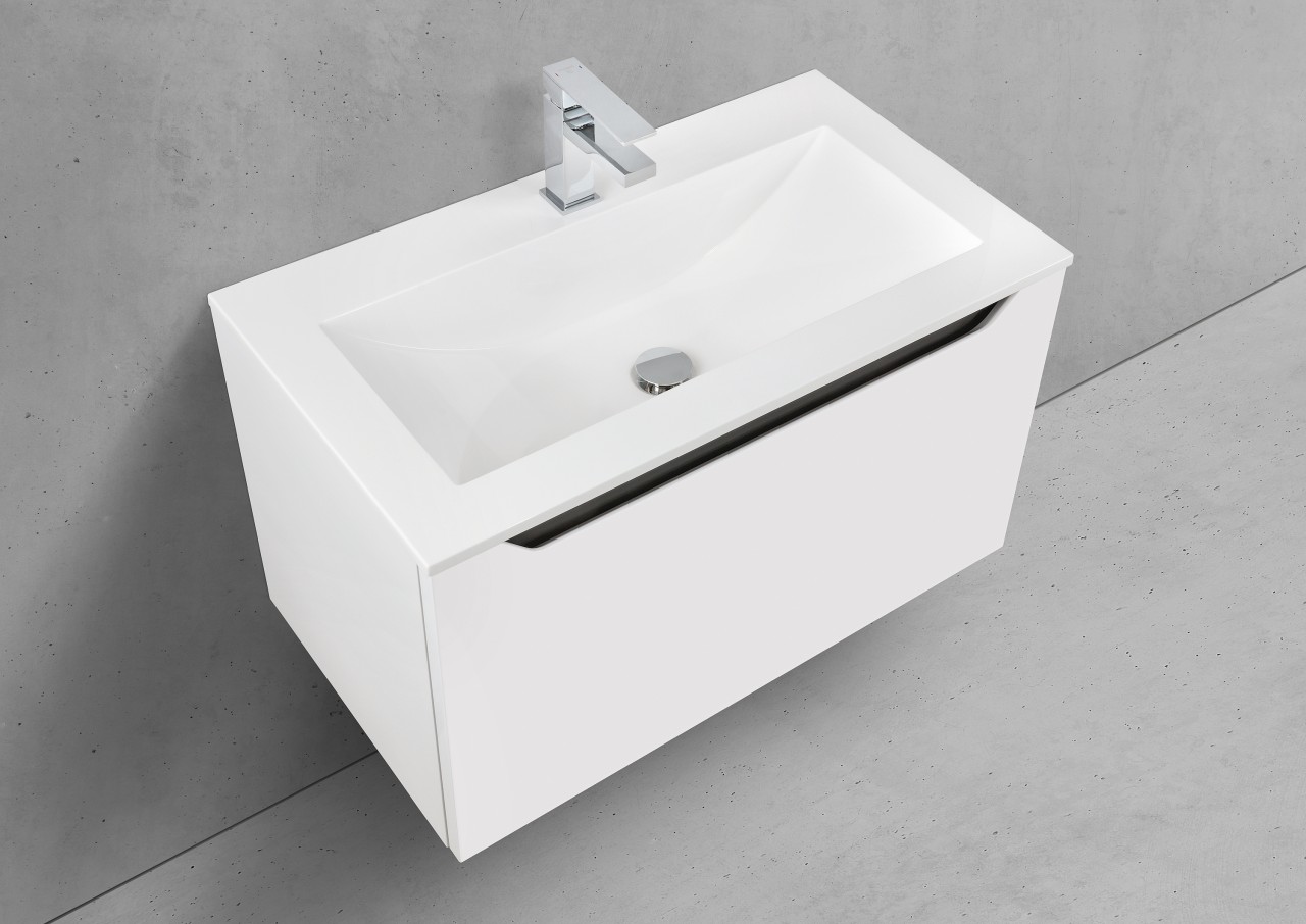 Design Badmöbel Set Waschtisch 80 cm, Grau Hochglanz Griffleiste Weiß Hochglanz Lack 3