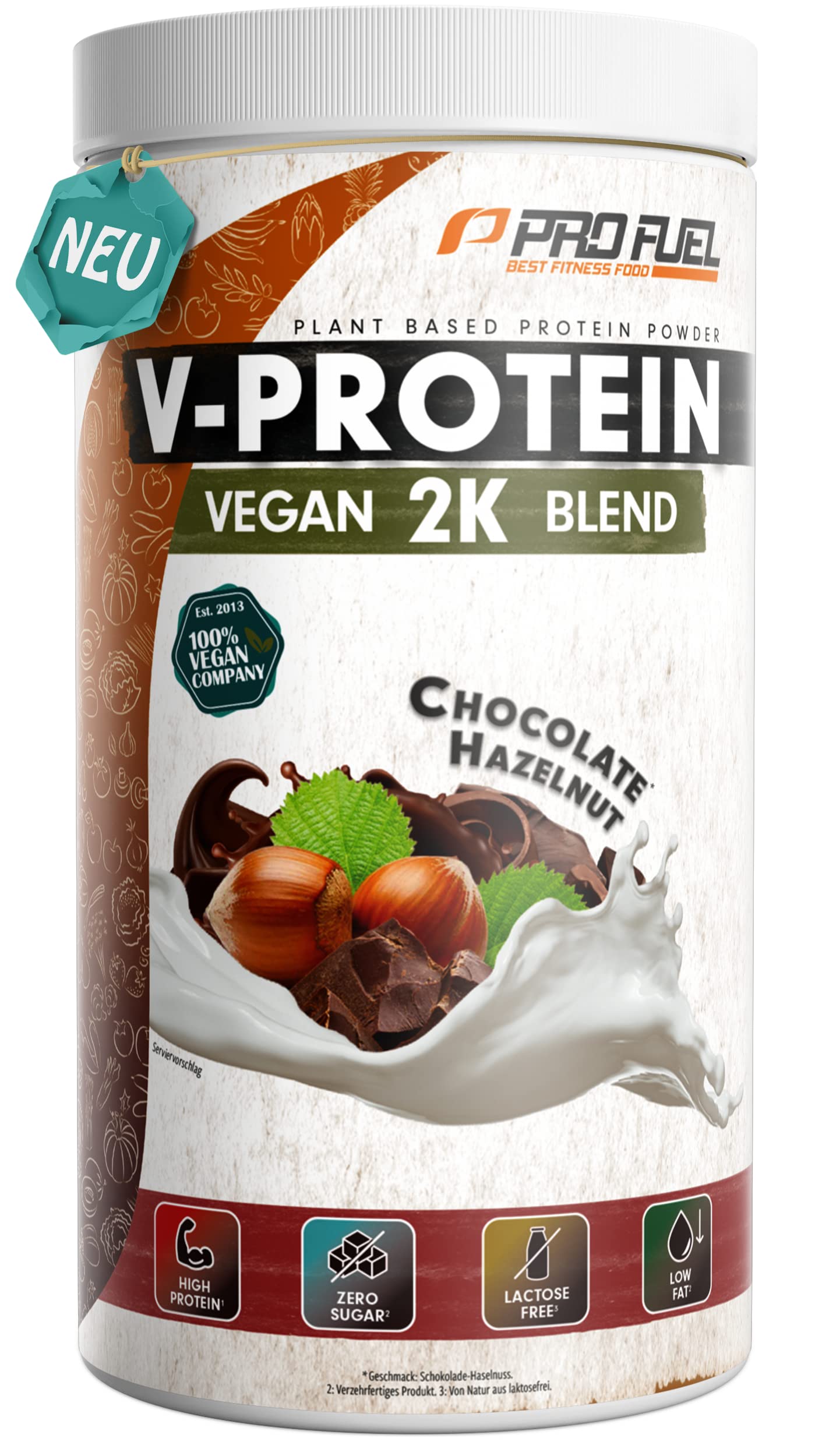 Veganes Proteinpulver Schokolade-Haselnuss 1kg, unglaublich lecker & cremig - Vegan Protein 2K Blend ohne Soja, mit hochwertigem Reisprotein + Erbsenprotein, pflanzliches Eiweißpulver mit 74% Protein