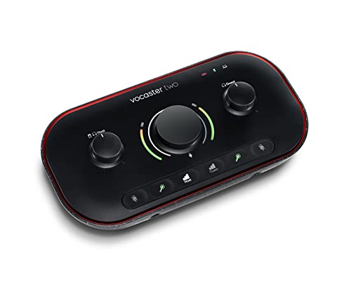 Focusrite Vocaster Two – Podcast-Audio-Interface für Aufnahmen von Moderator und Gast. Mit zwei Mikrofoneingängen und zwei Kopfhörerausgängen sowie Auto Gain, Enhance und Mute-Funktion.