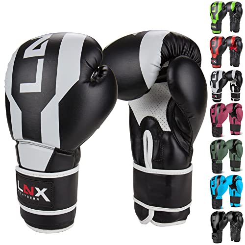 LNX Boxhandschuhe Stealth - Männer Frauen 8 10 12 14 16 Oz - ideal für Kickboxen Boxen Muay Thai MMA Kampfsport UVM schwarz/weiß (003) 16 Oz
