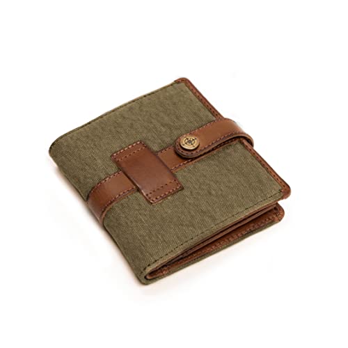 DRAKENSBERG Geldbörse und Portemonnaie, 3fach gefaltet, handgemacht im Vintage-Design, Kimberley-Wallet, Canvas und Echt-Büffel-Leder, Oliv-grün, braun, DR00170