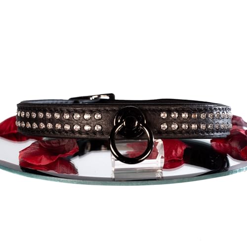 SiaLinda: Halsband echtes Elch Leder mit Strass schwarz 20mm breit schwarz (anthrazit)