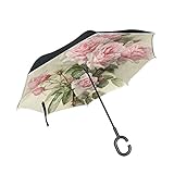 ISAOA Regenschirm, umgekehrter Regenschirm, Winddicht, doppellagige Konstruktion, seitenverkehrt Regenschirm f¨¹r Auto Regen Outdoor, C-Regenschirm, selbststehend, Rosen, Bl¨¹Ten