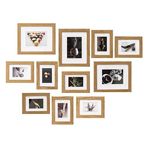 Muzilife Bilderrahmen 11er Set mit Passepartout, Fotorahmen für Fotos Collagen in 8pcs 17x12cm + 3pcs 19x24cm, für Galerien Restaurants Wohnung (Oak)