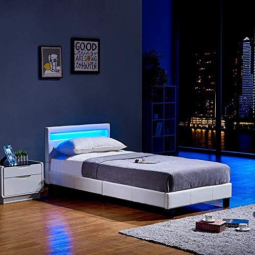 HOME DELUXE - LED Bett Astro - Weiß, 90 x 200 cm - inkl. Matratze und Lattenrost I Polsterbett Design Bett inkl. Beleuchtung