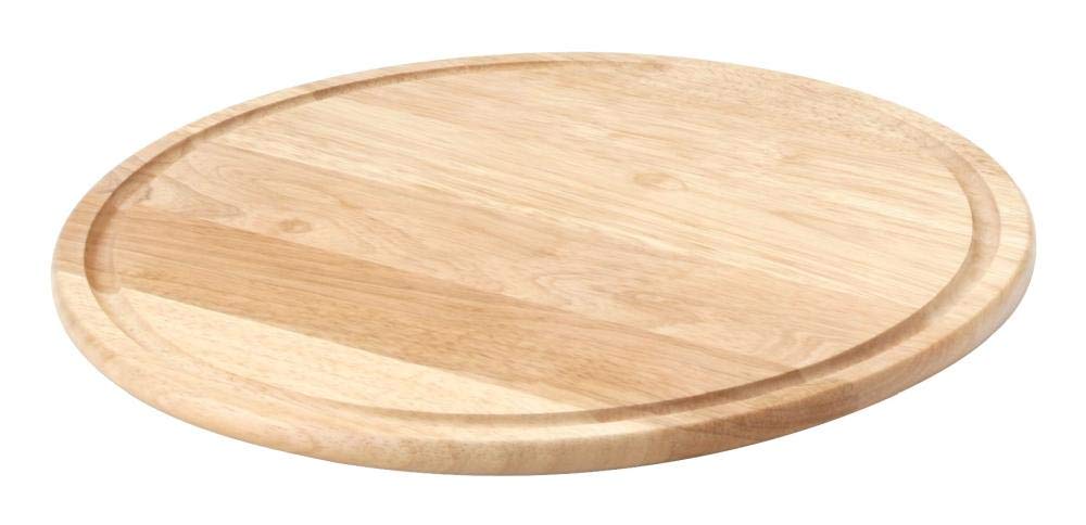 Continenta 6 Stück Holz Pizzateller aus Gummibaumholz mit Rille für Flüssigkeiten, Pizzabretter, Holzteller, Größe: Ø 33 x 1,2 cm, Danto® Vorteils-Set