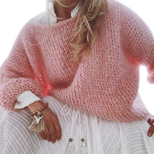 hetuioiyster Damen Laterne Langarm Pullover Flauschiges Mohair Grobstrick Lose Pullover Tops Langarm Pullover Pink