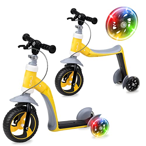 MoMi Fahrrad-Roller 2in1 ELIOS | Laufrad und Roller | Für Kinder bis 25 kg | Lenkradeinstellung | Leise Räder | Felgenbremse | Gelb