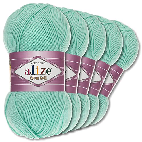 Alize 5 x 100 g Cotton Gold Premium Wolle| 39 Farben Sommerwolle Garn Stricken Amigurumi (15 | Wassergrün)