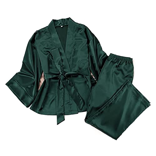 Frühjahr/Sommer Satin Cardigan Schnürung Nachthemd Pyjama Hose Einfarbig Home Set Lose Damen Nachthemd, grün, S