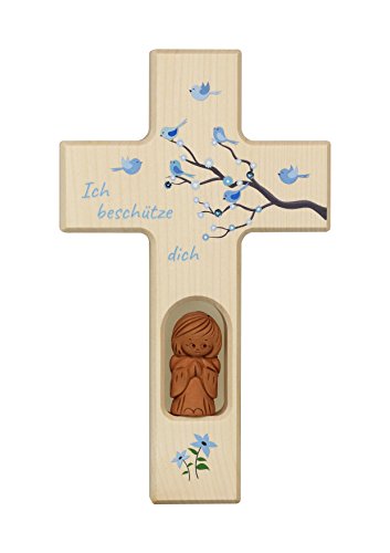 Neumeyer Kinderkreuz Holzkreuz, Tonengel, Holz, Ton, Natur, 20 x 12 x 2 cm