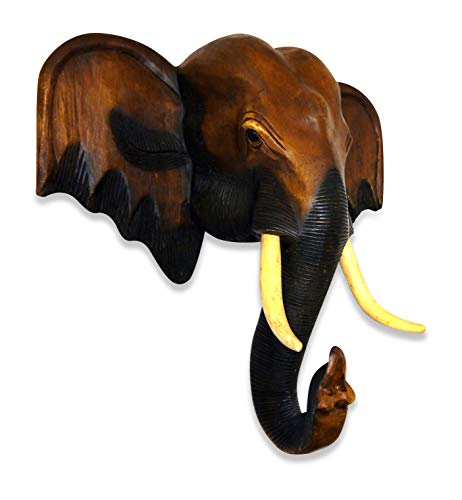livasia Elefantenkopf aus Holz, Deko Elefant, Handarbeit, Holzelefanten, Glücksbringer (großer Kopf)