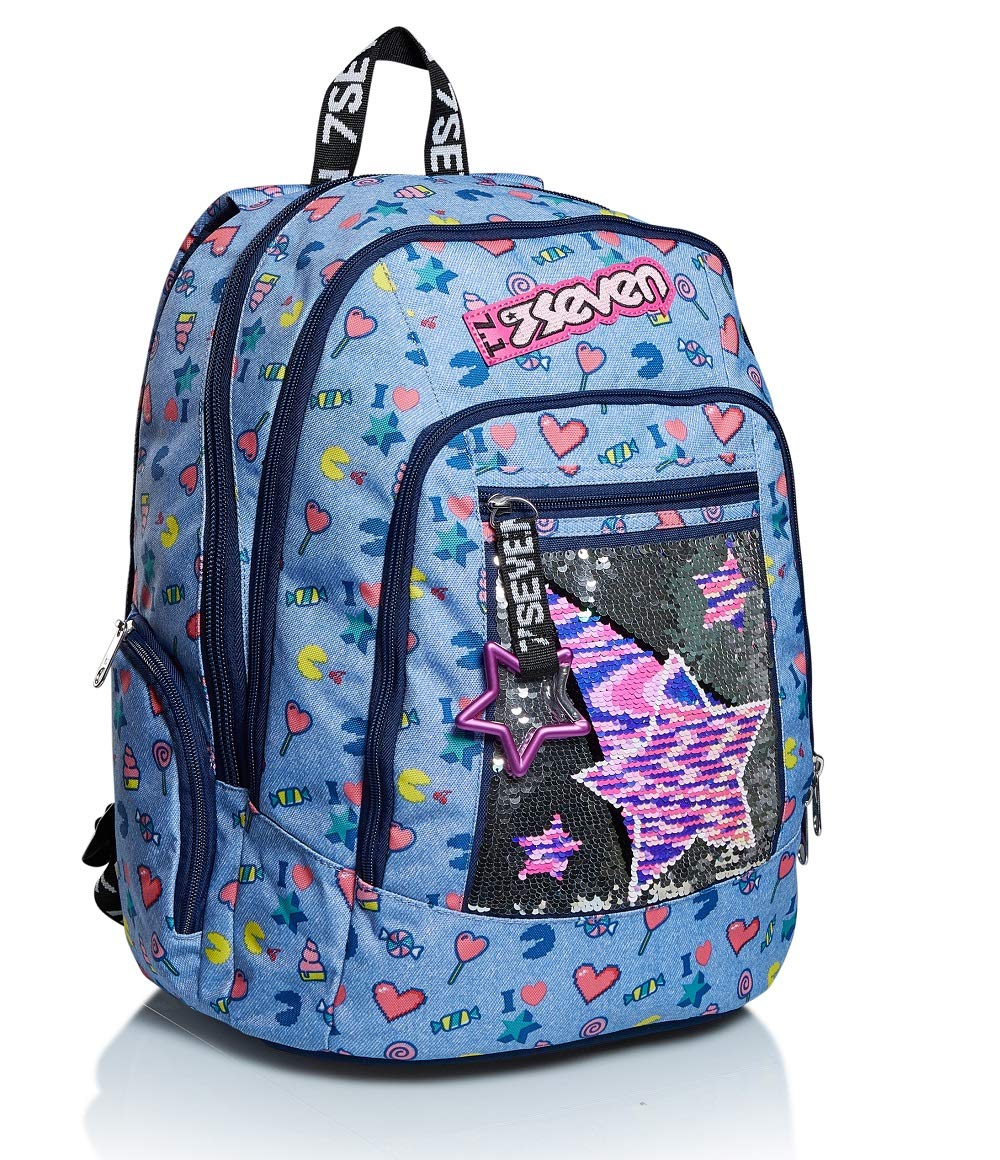 SEVEN Rucksack Advanced, Backpack für Schule, Uni & Freizeit, Geräumige Schultasche für Teenager, Mädchen, Jungen, Gepolsterter Schulranzen; STARRY RAINBOW, blau, mit Laptopfach