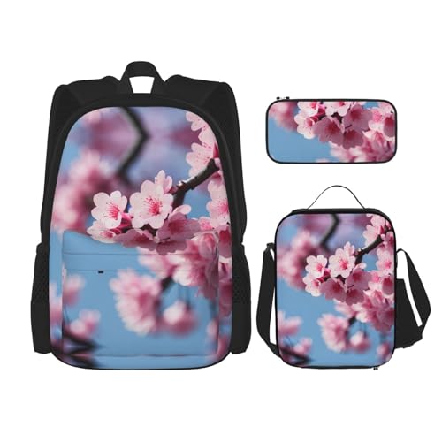 DRTGEDS Kirschblüten-Rucksack, 3-in-1-Set, lässiger Rucksack mit Lunchbox, Federmäppchen, wasserabweisend
