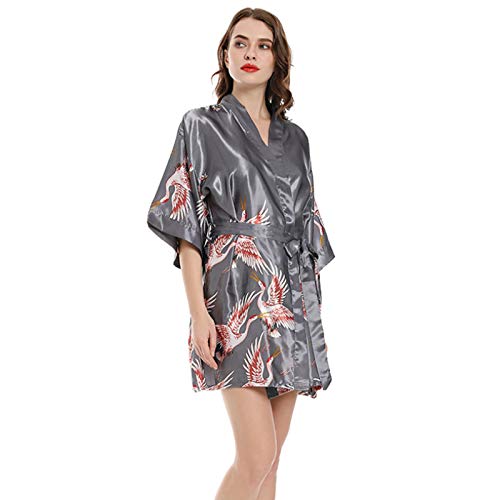 Damen Kimono Roben Ankleidekleid, Damenkleid Nachthemd Kleid Imitation Silk Roben V-Ausschnitt Weiche Druck Bademantel Pyjamas 007-L
