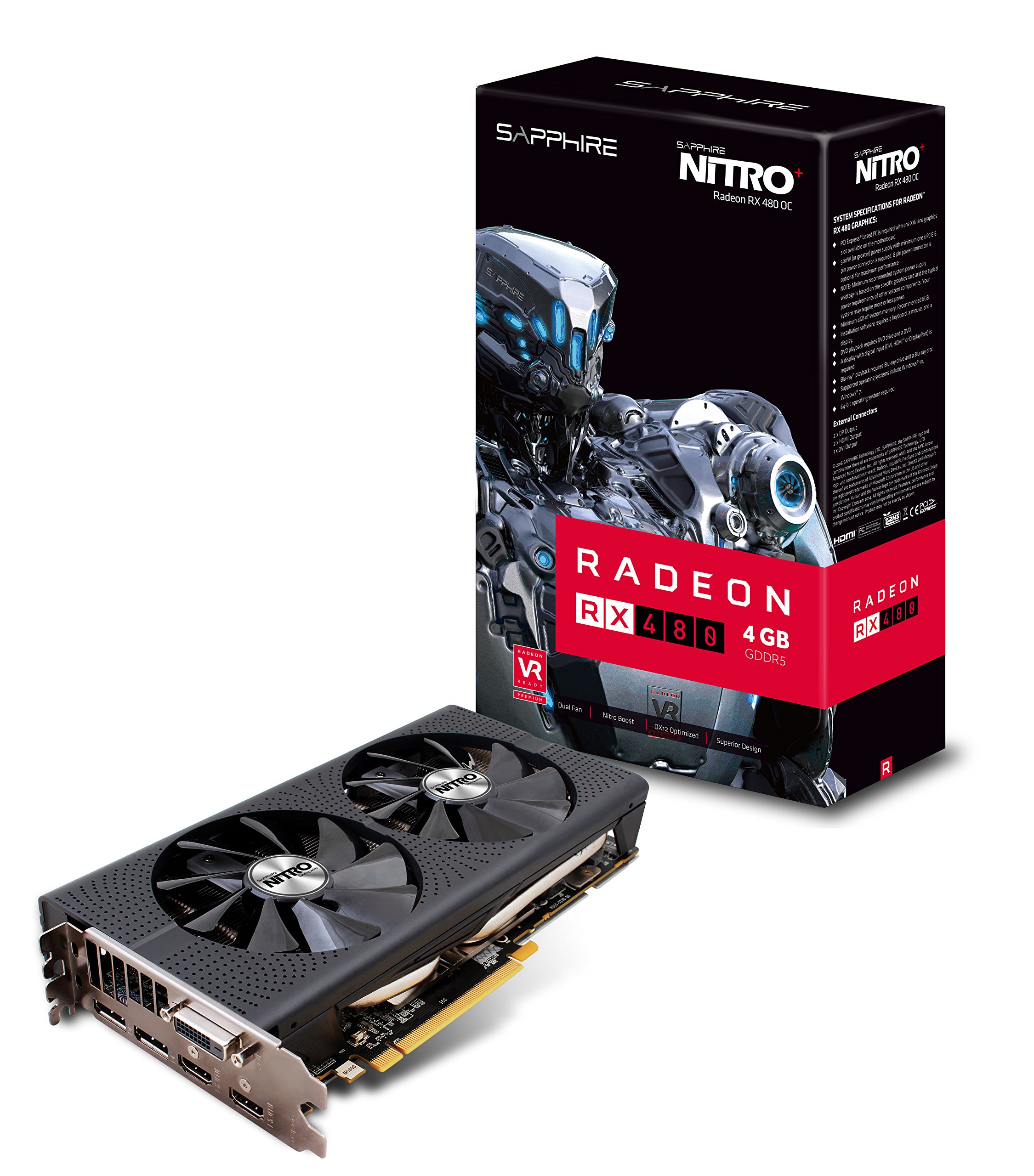 Sapphire Radeon RX 480 NITRO+ OC, 4GB GDDR5 (256 Bit), 2xHDMI,, 11260-02-20G (GDDR5 (256 Bit), 2xHDMI, 2xDP, LITE, LED)
