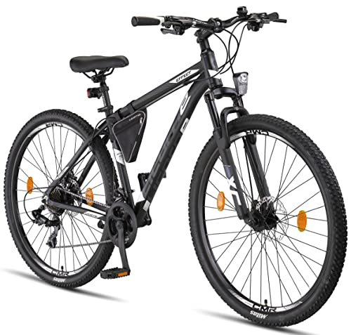 Licorne Bike Effect Premium Mountainbike in 29 Zoll Aluminium, Fahrrad für Jungen, Mädchen, Herren und Damen - 21 Gang-Schaltung - Scheibenbremse Herrenrad - Schwarz/Weiß (2xDisc-Bremse)