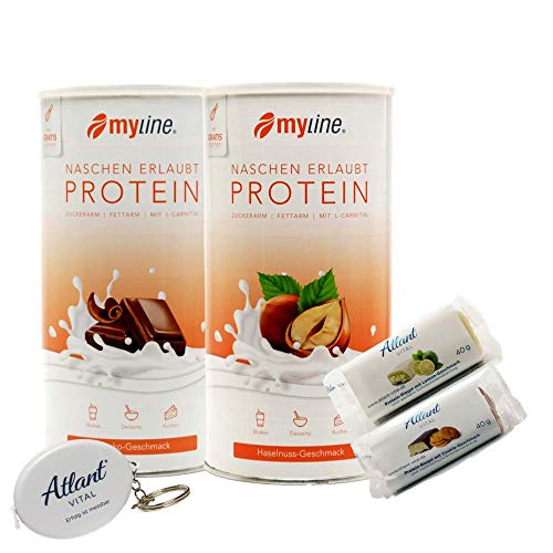 Myline Eiweiß Shake Protein Pulver 2er Pack 2x 400g + AV Maßband + 2 Proteinriegel (Schokolade/Haselnuss)