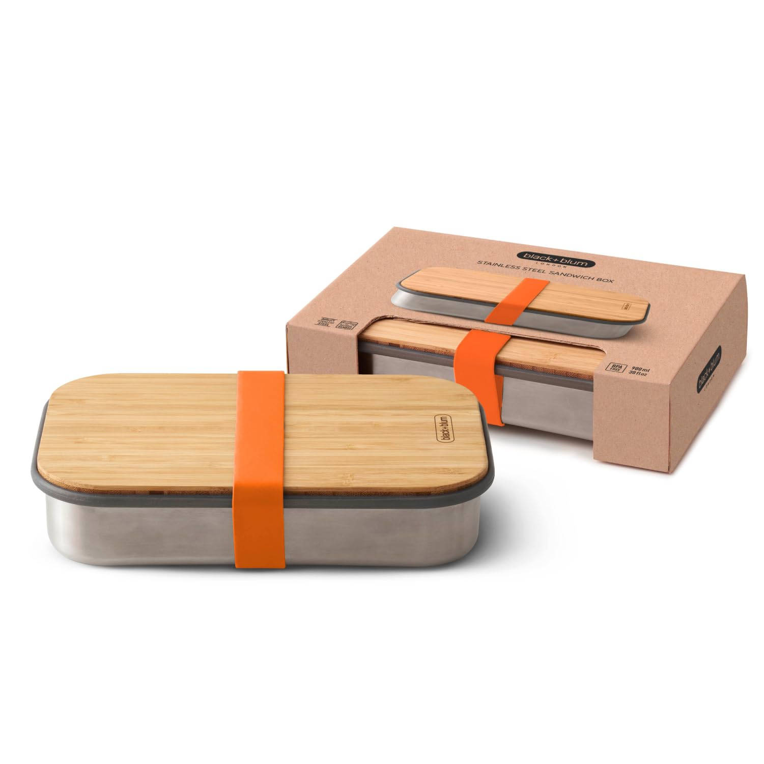 BLACK + BLUM Edelstahl Sandwichbox | Orange | 900 ml Edelstahl Dose mit Deckel | Silikon-Trennwand & Silikonband | Bambusdeckel/Schneidebrett | Lunchbox Erwachsene BPA-frei | Bento Box Erwachsene