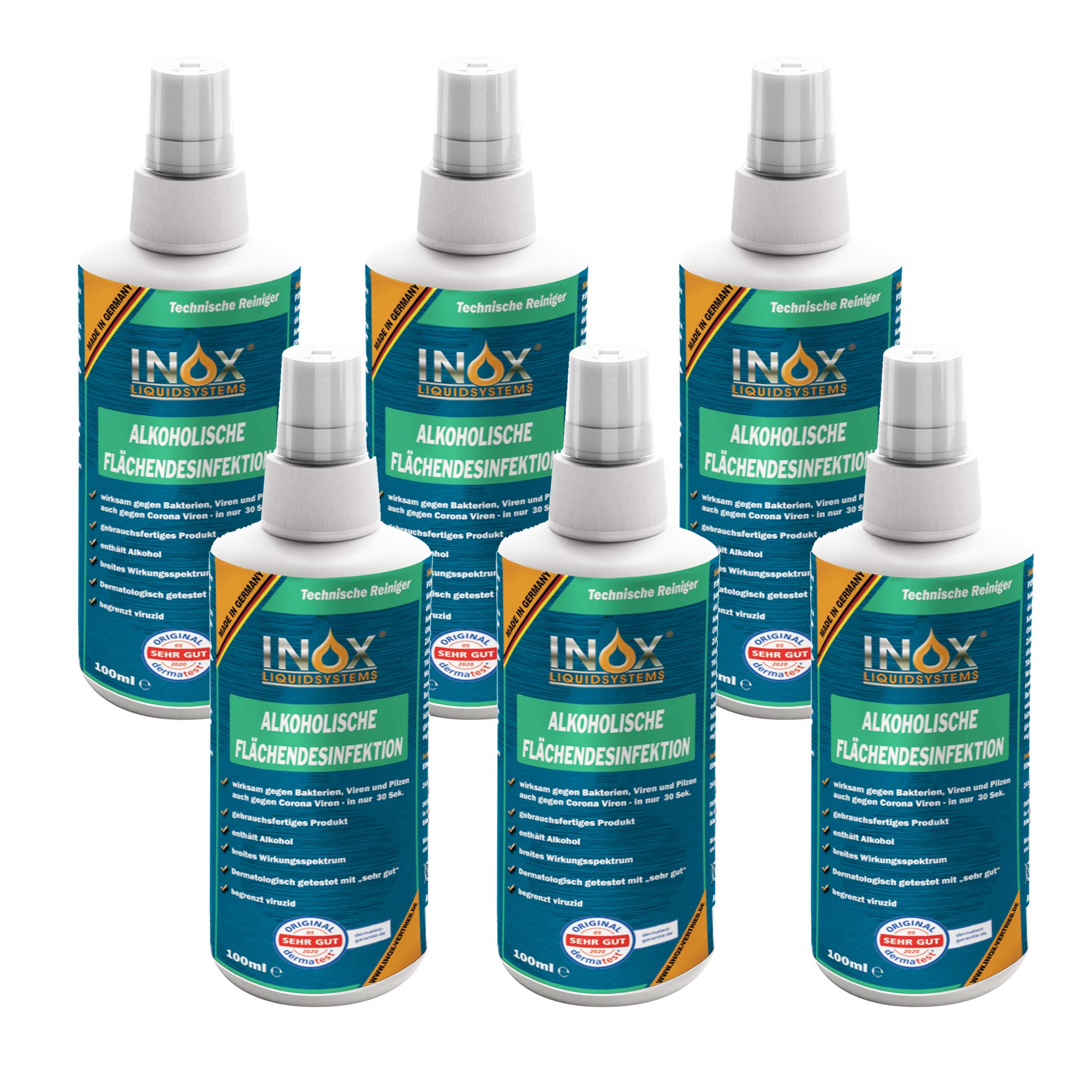 INOX® alkoholisches Flächendesinfektionsmittel 6 x 100ml - Hochwirksame Flächendesinfektion mit Alkohol - Ideales Desinfektionsmittel für alle glatten Oberflächen