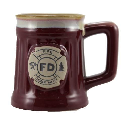 Burton & Burton Kaffeebecher aus Porzellan, Feuerwehr-Wappen, Burgunderrot, 425 ml
