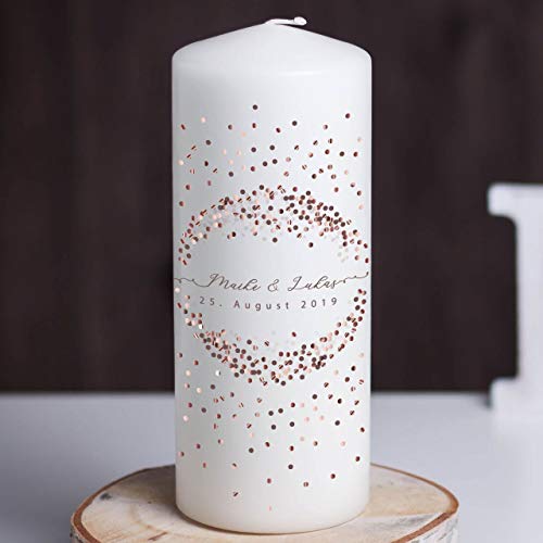 Hochzeitideal - Hochzeitskerze mit Namen und Datum "Copper Dots" Weiß - 20x8cm - Elegante Hochzeit Kerze - Einzigartige Traukerze - Personalisierte Kerzen - Kerze mit Gravur