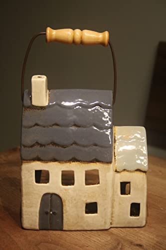Laterne Häuschen im Grünen, Keramik, Breite 16,5 cm, Höhe 19 cm, Tiefe 8,5 cm, Windlicht Haus